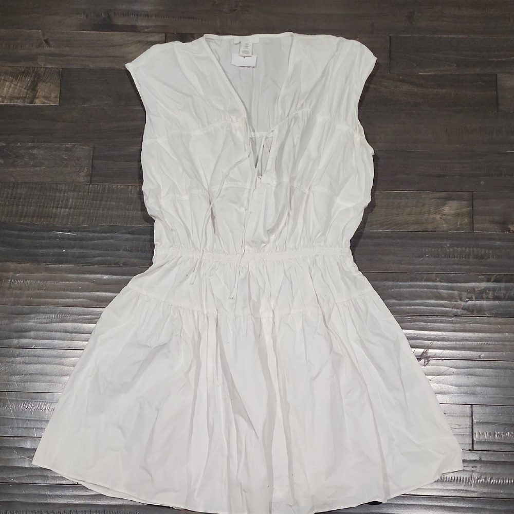 White V-Neck Tiered Summer Dress With Elastic Waist Band